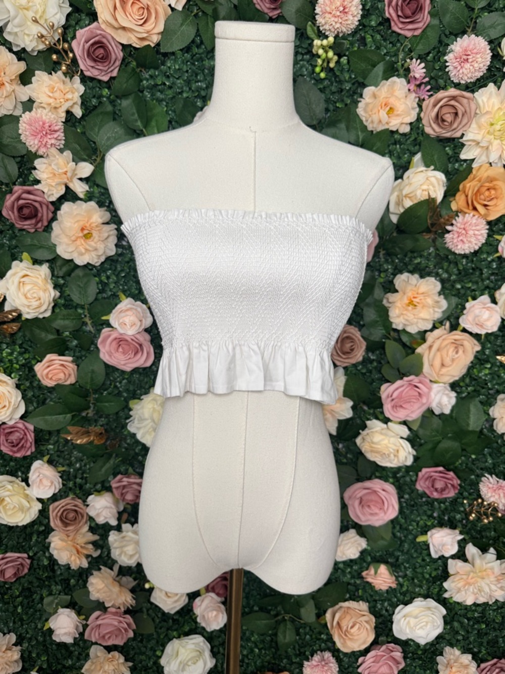 White Smocked Ruffle Hem Crop Top